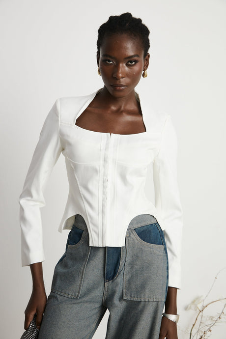 Penelope Corset Top White Square Neck Long Sleeve