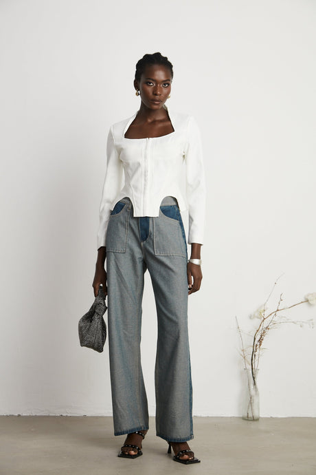 Penelope Corset Top White Square Neck Long Sleeve
