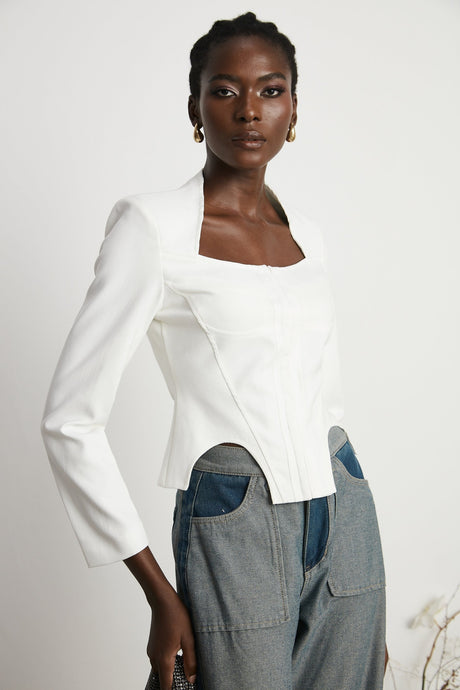 Penelope Corset Top White Square Neck Long Sleeve