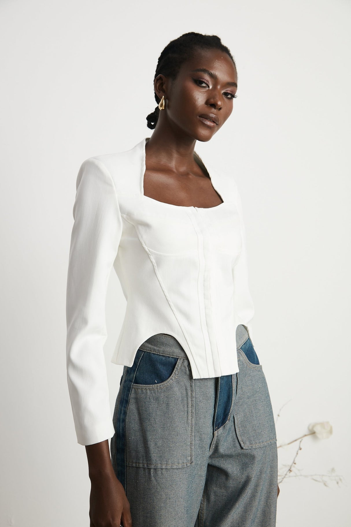 Penelope Corset Top White Square Neck Long Sleeve
