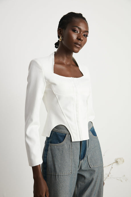 Penelope Corset Top White Square Neck Long Sleeve