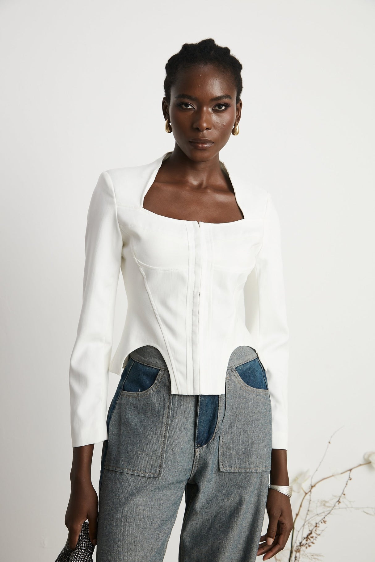 Penelope Corset Top White Square Neck Long Sleeve