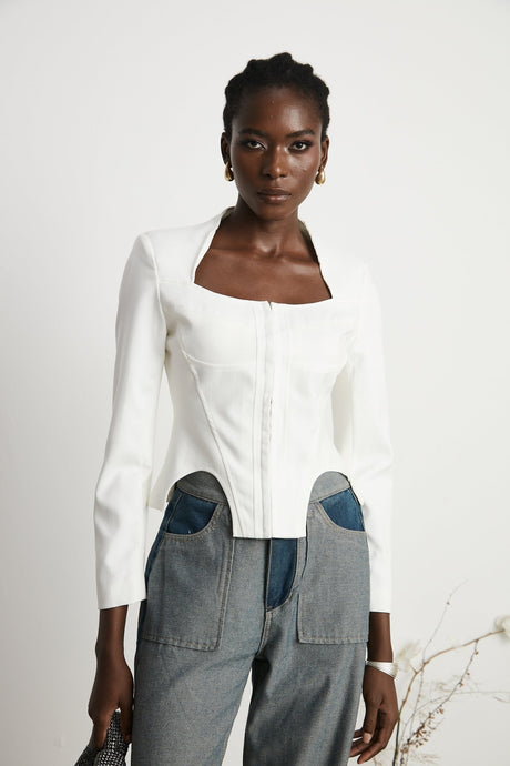 Penelope Corset Top White Square Neck Long Sleeve