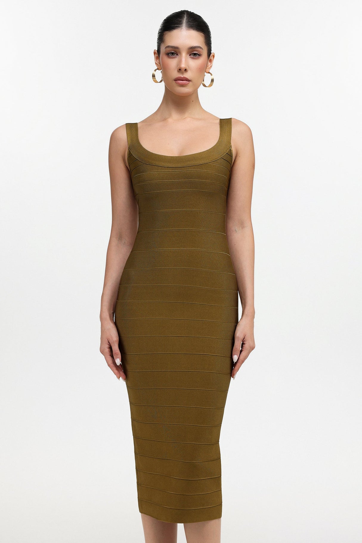 Penelope Olive Midi Dress Elegant Sophisticated Figure Flattering Versatile Chic Textured Fabric Special Occasion