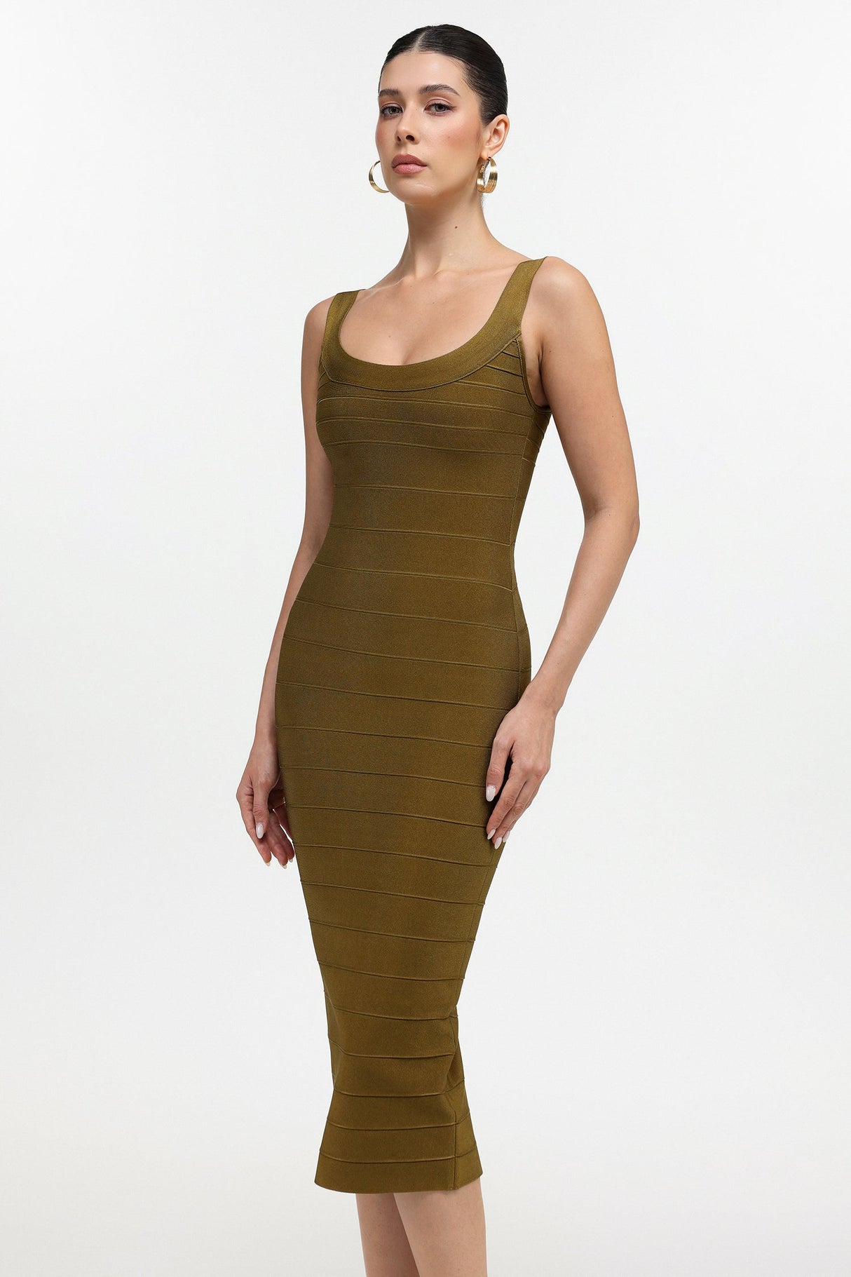 Penelope Olive Midi Dress with Intricate Detailing for Women