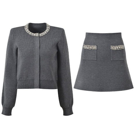Perla Cropped Cardigan and A - Line Skirt Set - Crystal Collar - Hidden Button Closure