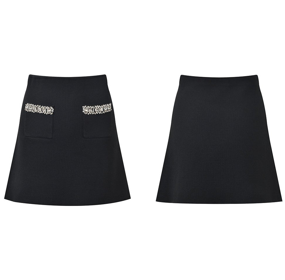 Perla Cropped Cardigan and A - Line Skirt Set - Crystal Collar - Hidden Button Closure