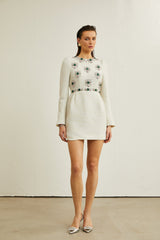 Perla Mini Dress White Tweed Bead Embellished Silhouette