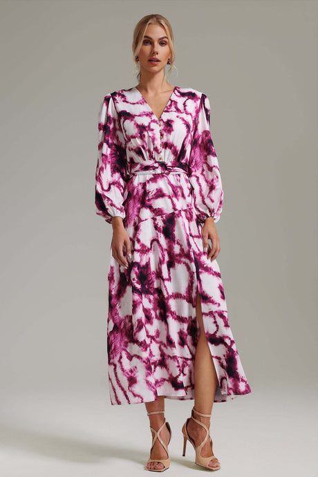Perla Pink V-Neckline Print Dress with Side Slit and Waist Tie for Women