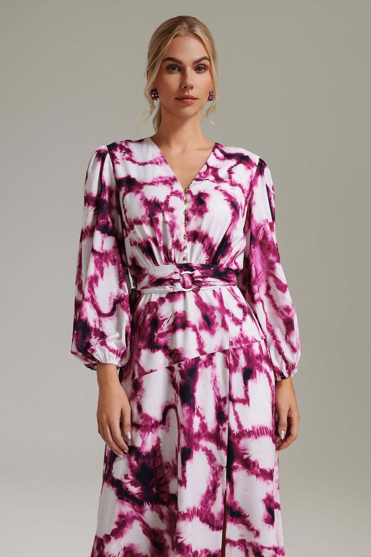 Perla Pink V-Neckline Long Sleeve Dress with Side Slit and Waist Tie