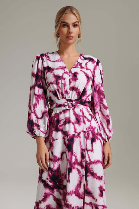 Perla Pink V-Neckline Long Sleeve Dress with Side Slit and Waist Tie