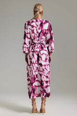 Perla Pink V-Neckline Print Dress with Long Sleeves and Waist Tie for Women