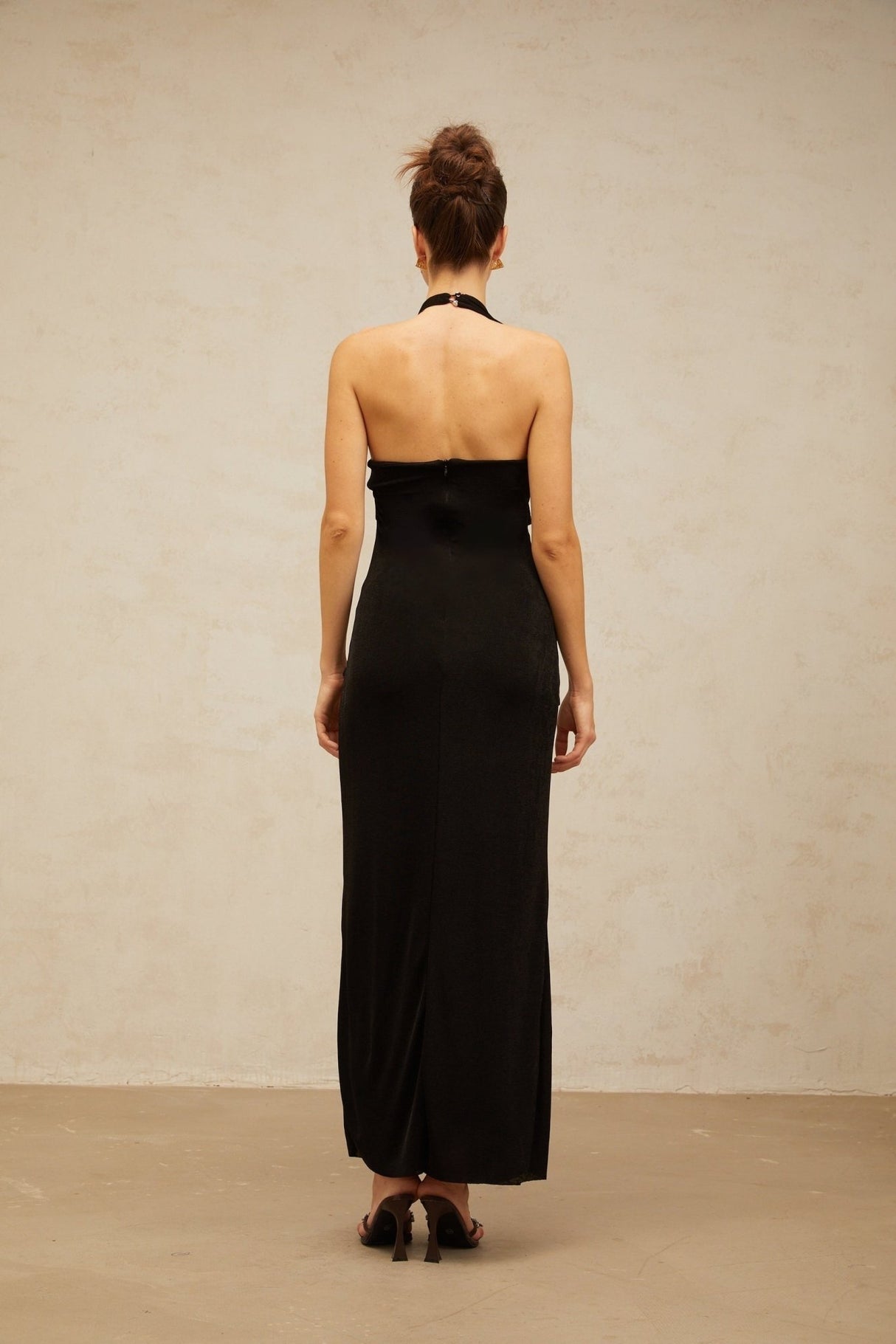 Perlina Denim Maxi Dress Halterneck Front Slit Contrast Stitching