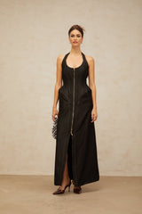 Perlina Denim Maxi Dress Halterneck Front Slit Contrast Stitching
