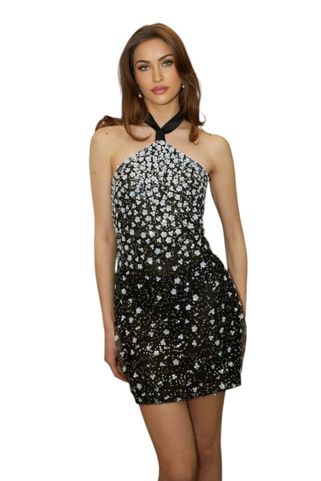Perlina Mini Dress Sequin Halterneck Floral Black White