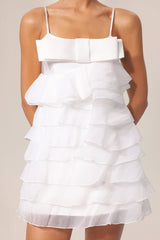 Perlina White Halter Neck Ruffled Detailing Dress with Bow