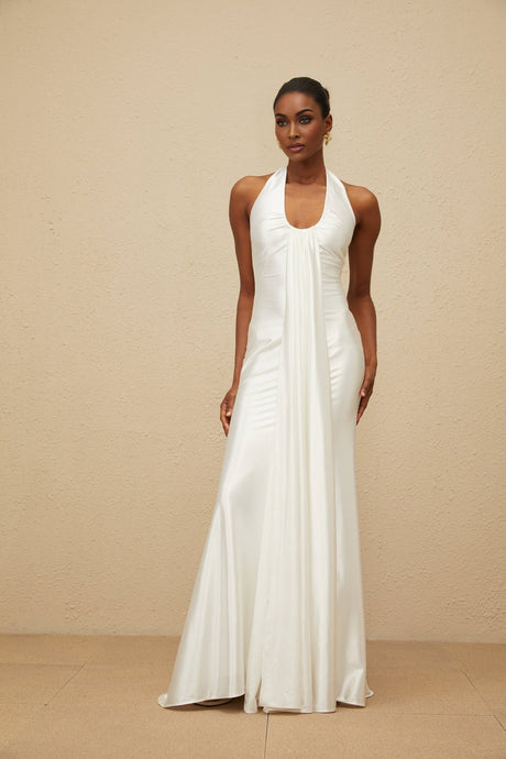 Peyton Gown - halter neck - Ruched Detailing - Satin Finish - Ribbon Design - Flared Hem - Rear Zip Fastening - Maxi Length