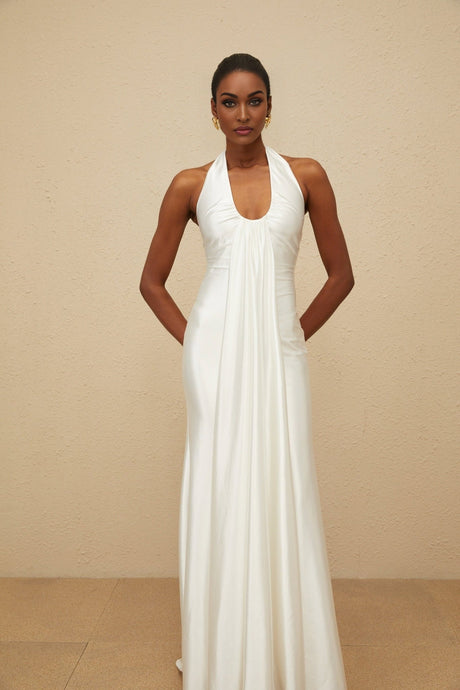 Peyton Gown - halter neck - Ruched Detailing - Satin Finish - Ribbon Design - Flared Hem - Rear Zip Fastening - Maxi Length