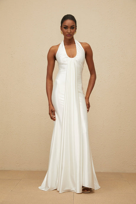 Peyton Gown - halter neck - Ruched Detailing - Satin Finish - Ribbon Design - Flared Hem - Rear Zip Fastening - Maxi Length