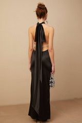 Peyton Maxi Dress in Sleek Black with Halterneck Open Back