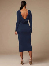Peyton Midi Dress - Boat Neck - Wedding - Regular Sleeve - Pencil Hem - Bodycon - Backless - Elegant