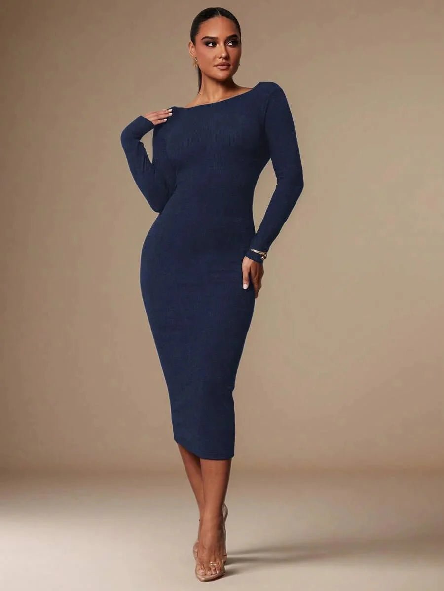 Peyton Midi Dress - Boat Neck - Wedding - Regular Sleeve - Pencil Hem - Bodycon - Backless - Elegant