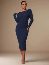 Peyton Midi Dress - Boat Neck - Wedding - Regular Sleeve - Pencil Hem - Bodycon - Backless - Elegant