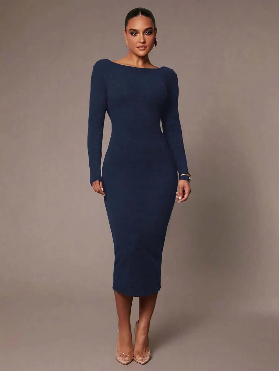 Peyton Midi Dress - Boat Neck - Wedding - Regular Sleeve - Pencil Hem - Bodycon - Backless - Elegant