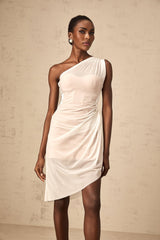 Peyton Midi Dress White One Shoulder Ruched Sheer Slit Hem & Zip