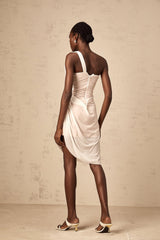 Peyton Midi Dress White One Shoulder Ruched Sheer Slit Hem & Zip