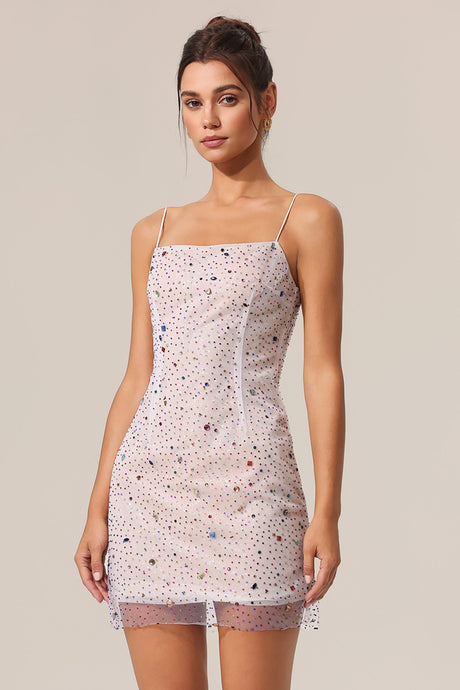 Peyton White Halter Mini Dress Diamond Pattern Square Neckline Lightweight Material Playful Embellishments Adjustable Straps