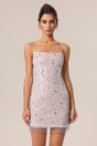 Peyton White Halter Mini Dress Diamond Pattern Elegant Fit Square Neckline Lightweight Material Playful Embellishments Versatile Adjustable Straps