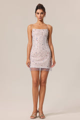 Peyton White Halter Mini Dress Diamond Pattern Square Neckline Lightweight Material Sparkle Embellishments Adjustable Straps
