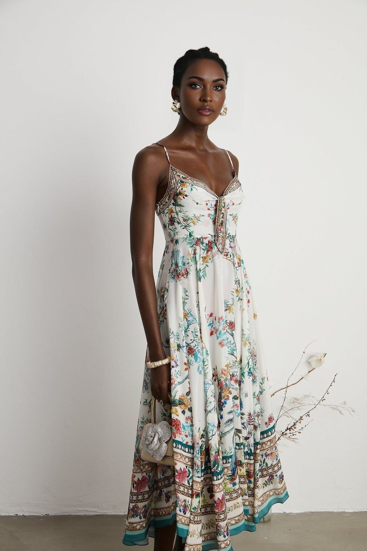 Philippine Floral Silk Midi Dress With Twist Front and Crystal Detail