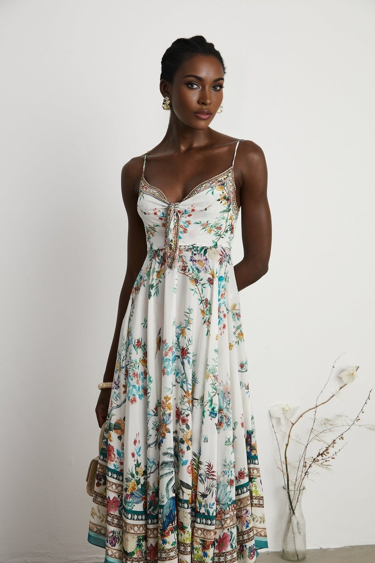 Philippine Floral Silk Midi Dress With Twist Front and Crystal Detail