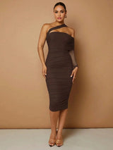 Phoebe Midi Dress - Asymmetrical Neck - Beach Ready - Bodycon Fit - Elegant Style