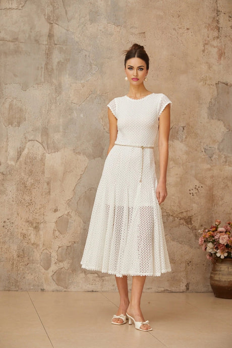Phoebe Midi Dress White Crochet Shirred Chain - Link Hem