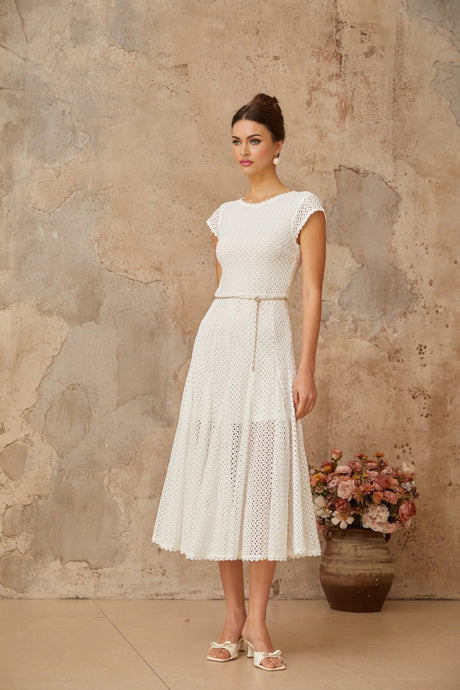 Phoebe Midi Dress White Crochet Shirred Chain - Link Hem