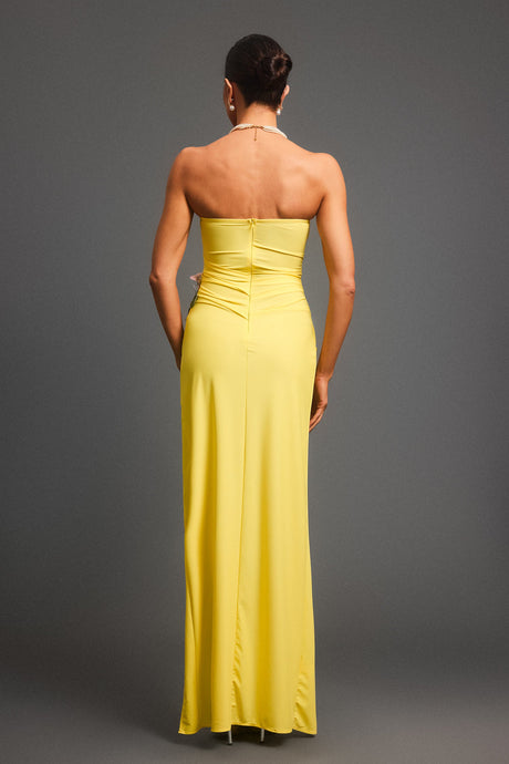 Phoebe Yellow Floral Embellished Strapless Maxi Dress with High Slit
