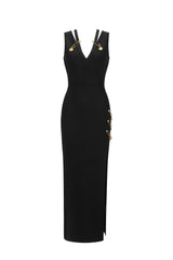 Piera Black Bandage Midi Dress with Plunging Neckline and Side Slit