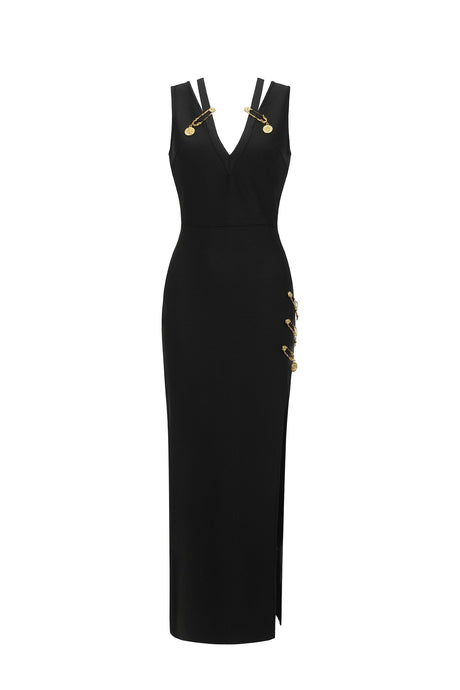 Piera Black Bandage Midi Dress with Plunging Neckline and Side Slit