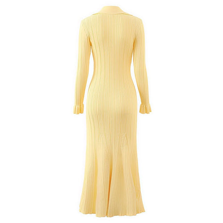Piera Maxi Dress - Flattering Fit - Retro Collared Design - Lightweight Ribbed Knit - Versatile Styling - Trendy Flared Sleeve