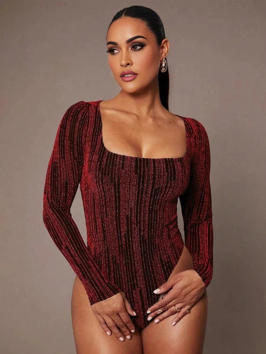 Pierina Bodysuit - Slim Fit - Medium Stretch - Knitted Fabric - Party Style - Square Neckline - Long Sleeve Length - Premium Quality