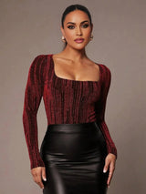 Pierina Bodysuit - Slim Fit - Medium Stretch - Knitted Fabric - Party Style - Square Neckline - Long Sleeve Length - Premium Quality