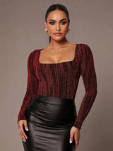 Pierina Bodysuit - Slim Fit - Medium Stretch - Knitted Fabric - Party Style - Square Neckline - Long Sleeve Length - Premium Quality