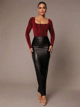 Pierina Bodysuit - Slim Fit - Medium Stretch - Knitted Fabric - Party Style - Square Neckline - Long Sleeve Length - Premium Quality