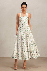Pierina Green Floral Halter Dress Tiered Skirt Lightweight Fabric Garden Party Casual Outing Romantic Evening Strappy Sandals Statement Earrings Confidence Style
