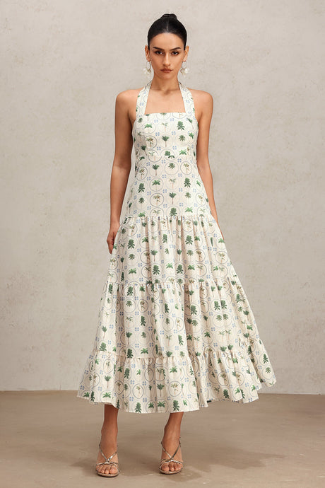 Pierina Green Floral Halter Dress Tiered Skirt Lightweight Fabric Garden Party Casual Outing Romantic Evening Strappy Sandals Statement Earrings Confidence Style