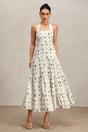 Pierina Green Floral Halter Dress Tiered Skirt Lightweight Fabric Garden Party Casual Outing Romantic Evening Strappy Sandals Statement Earrings Confidence Style