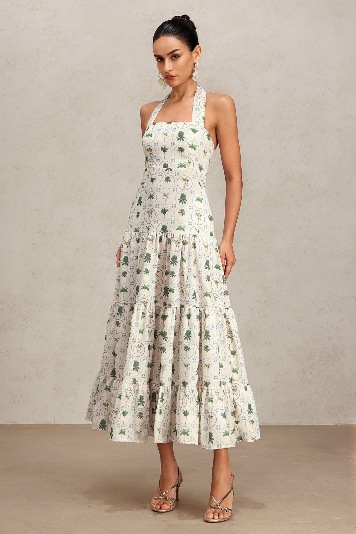 Pierina Green Floral Tiered Halter Dress